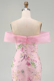 Off-the-shoulder roze meermin-bloemen lange galajurk met kralen