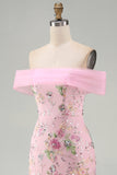 Off-the-shoulder roze meermin-bloemen lange galajurk met kralen