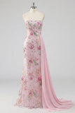 Strapless roze zeemeermin-kralenbezet bloemenlange galajurk met sjerp
