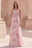 Strapless roze zeemeermin-kralenbezet bloemenlange galajurk met sjerp