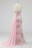 Strapless roze zeemeermin-kralenbezet bloemenlange galajurk met sjerp