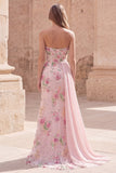 Strapless roze zeemeermin-kralenbezet bloemenlange galajurk met sjerp