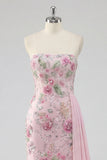 Strapless roze zeemeermin-kralenbezet bloemenlange galajurk met sjerp