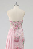 Strapless roze zeemeermin-kralenbezet bloemenlange galajurk met sjerp