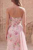 Strapless roze zeemeermin-kralenbezet bloemenlange galajurk met sjerp