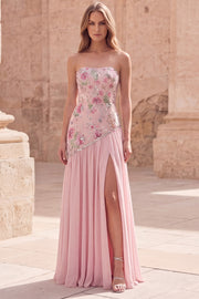 Strapless roze A-lijn gebloemde lange galajurk met parelen en split