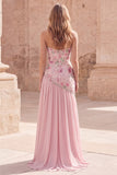Strapless roze A-lijn gebloemde lange galajurk met parelen en split