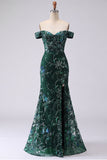 Glitterende zeemeermin donkergroene off-the-shoulder pailletten lange galajurk