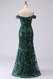 Glitterende zeemeermin donkergroene off-the-shoulder pailletten lange galajurk