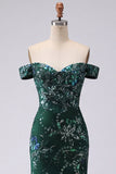 Glitterende zeemeermin donkergroene off-the-shoulder pailletten lange galajurk