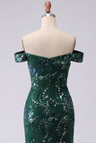 Glitterende zeemeermin donkergroene off-the-shoulder pailletten lange galajurk