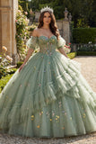 Stoffy Sage Off The Shoulder Bloemenkorset Tule Quinceañera jurk
