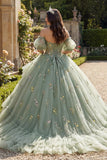 Stoffy Sage Off The Shoulder Bloemenkorset Tule Quinceañera jurk
