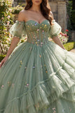 Stoffy Sage Off The Shoulder Bloemenkorset Tule Quinceañera jurk