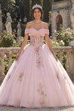 Off-the-shoulder korset roze baljurk Bloemenjurk Quinceañera jurk