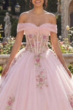 Off-the-shoulder korset roze baljurk Bloemenjurk Quinceañera jurk