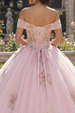 Off-the-shoulder korset roze baljurk Bloemenjurk Quinceañera jurk