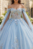 Off-the-shoulder hemelsblauwe baljurk Quinceañera jurk met 3D-bloemen