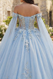 Off-the-shoulder hemelsblauwe baljurk Quinceañera jurk met 3D-bloemen