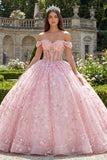 Roze korset-off-the-shoulder baljurk met appliquatie quinceañera-jurk