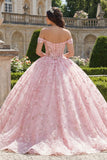 Roze korset-off-the-shoulder baljurk met appliquatie quinceañera-jurk