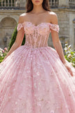 Roze korset-off-the-shoulder baljurk met appliquatie quinceañera-jurk