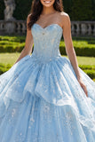 Strapless baljurk korset met ruches in hemelsblauwe quinceañera jurk