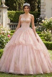 Strapless baljurk met kralen en ruches roze quinceañera jurk