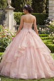 Strapless baljurk met kralen en ruches roze quinceañera jurk