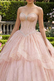 Strapless baljurk met kralen en ruches roze quinceañera jurk