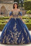 Off-the-shoulder marineblauwe baljurk Quinceañera jurk met applicaties