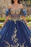 Off-the-shoulder marineblauwe baljurk Quinceañera jurk met applicaties