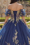 Off-the-shoulder marineblauwe baljurk Quinceañera jurk met applicaties