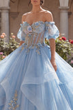 Off the Shoulder Bloemen Hemelsblauwe Baljurk Corset Quinceañera Jurk