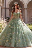 Off-the-shoulder groene korset baljurk Bloemen Quinceañera jurk