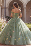 Off-the-shoulder groene korset baljurk Bloemen Quinceañera jurk