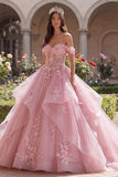 Roze off-the-shoulder baljurk met appliquatie en gerimpelde quinceañera-jurk