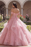 Roze off-the-shoulder baljurk met appliquatie en gerimpelde quinceañera-jurk