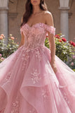 Roze off-the-shoulder baljurk met appliquatie en gerimpelde quinceañera-jurk