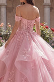 Roze off-the-shoulder baljurk met appliquatie en gerimpelde quinceañera-jurk
