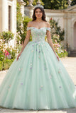 Off-the-shoulder groene baljurk quinceañera jurk met 3D-bloemen