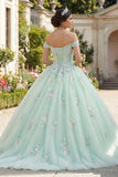 Off-the-shoulder groene baljurk quinceañera jurk met 3D-bloemen