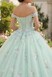 Off-the-shoulder groene baljurk quinceañera jurk met 3D-bloemen