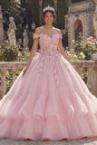 Roze off-the-shoulder baljurk met appliquatie in gelaagde quinceañera-jurk