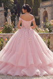Roze off-the-shoulder baljurk met appliquatie in gelaagde quinceañera-jurk