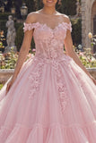 Roze off-the-shoulder baljurk met appliquatie in gelaagde quinceañera-jurk