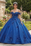 Sprankelende koningsblauwe off-the-shoulder geappliqueerde baljurk quinceañera jurk