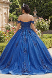 Sprankelende koningsblauwe off-the-shoulder geappliqueerde baljurk quinceañera jurk