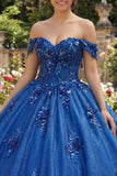 Sprankelende koningsblauwe off-the-shoulder geappliqueerde baljurk quinceañera jurk
