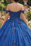 Sprankelende koningsblauwe off-the-shoulder geappliqueerde baljurk quinceañera jurk
